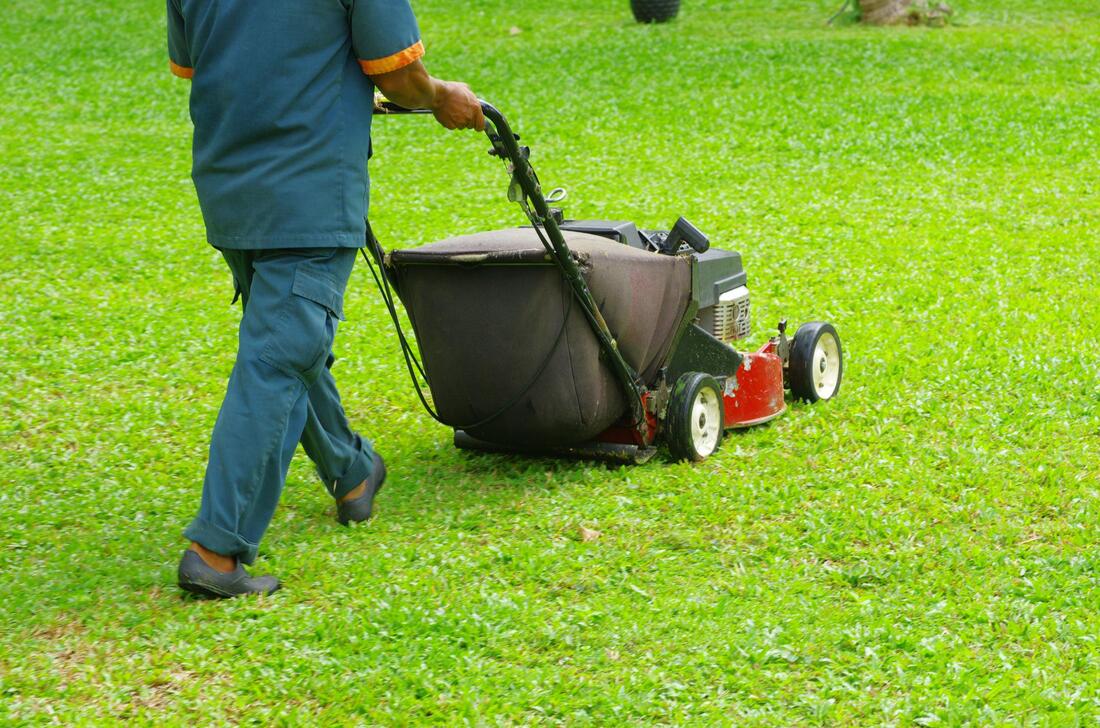 man trimming the grass using a lawn mower